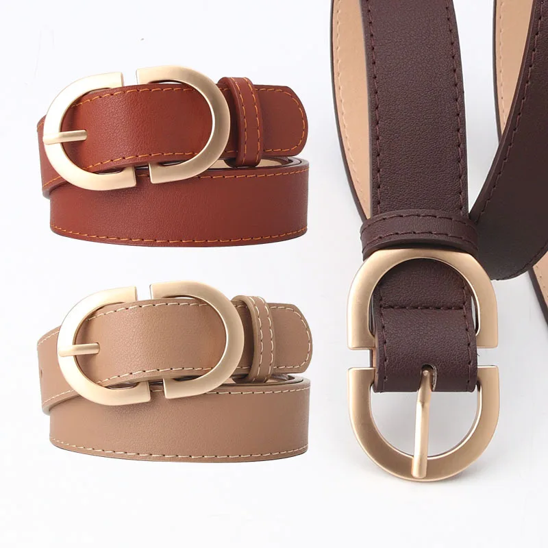 Female Waist Circle Buckle Leather Belt for Jeans