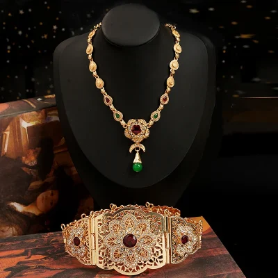 Moroccan Chic Caftan Belt Gold Color Red Green Stone Algeria Wedding Dress Kaftan Abaya Arab Waist Chain Belt Jewelry - Image 4